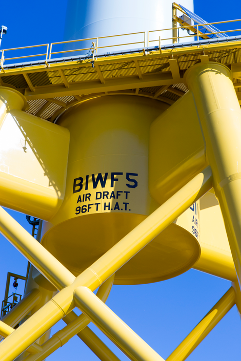 Looking up at the steel jacket foundation of an offshore wind turbine. Photo: Jesse Burke for Gizmodo